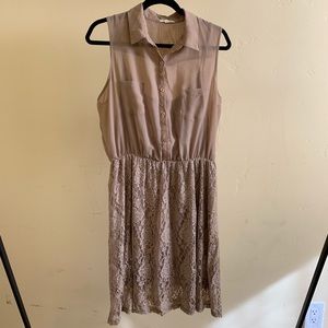 Pleione Tan Sheer Top Lace Bottom Dress w Collar